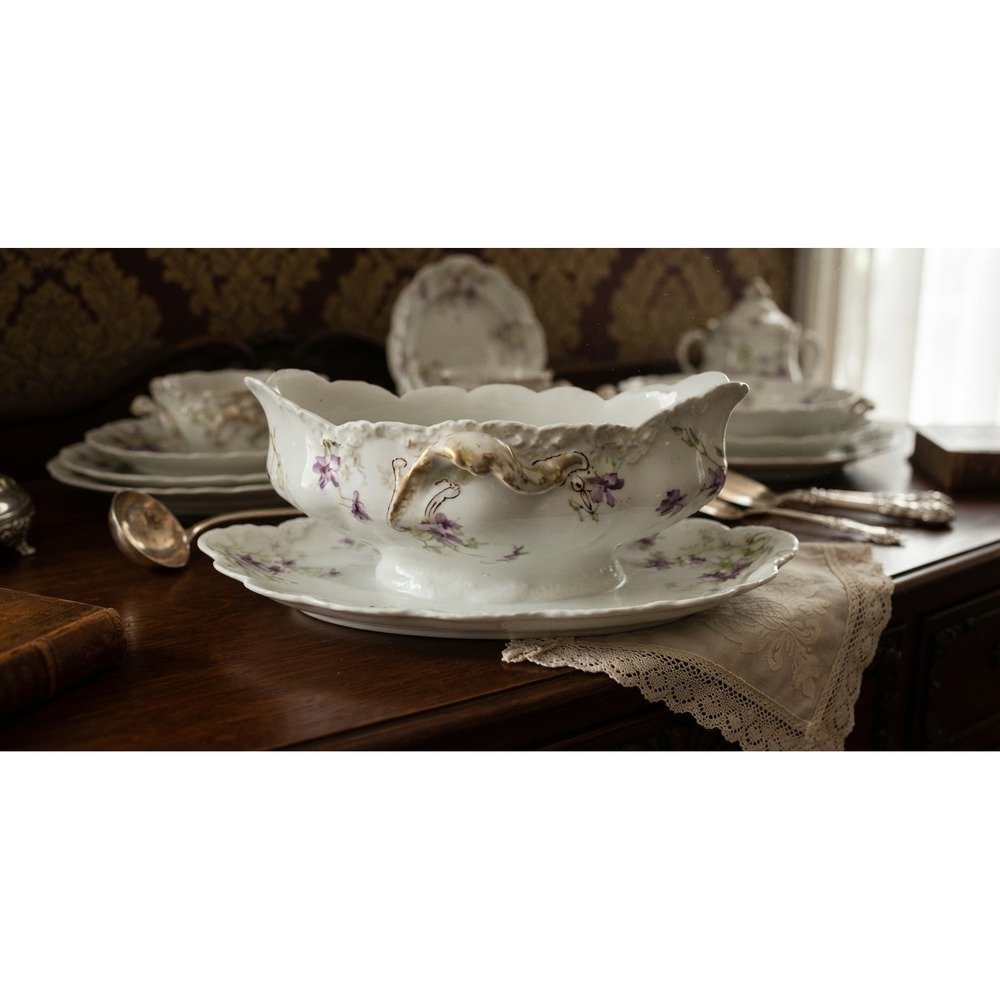 Haviland Limoges France Antique Gravy Boat Attached Underplate Purple Violets